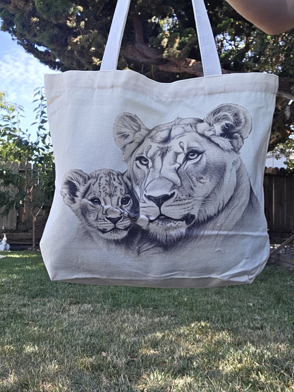 Canvas Tote Bag with Lioness and Cub Artwork - Natural
